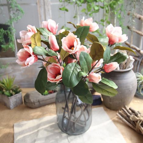 Fleur Artificielle Magnolia - Branche Longue 75 cm - Fleur Rose Pêche avec Feuillage - 1 Pièce (1/5)