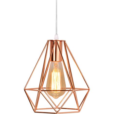Pendelleuchte, Vintage Metall Diamant Form Kronleuchter, Hängelampe mit Ø20cm Käfig E27 Fassung für Wohnzimmer Schlafzimmer Esszimmer Rosegold (1/5)