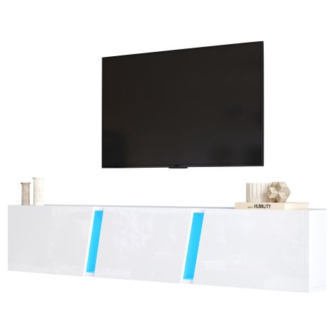 Meuble TV mural 180 cm blanc brillant LED 3 portes TV jusqu’à 75"
