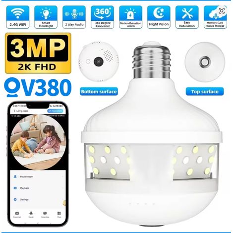 V380 Pro 6MP WiFi E27 Bulb Security Floodlight Camera Color Night Vision Two-Way Voice 360° Panoramic Surveillance Camera (1/5)