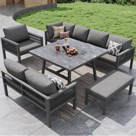 6-teiliges Gartenmöbel-Set aus Eisen in Grau, modular, für bis zu 8 Personen, mit Marmorglas-Tisch und 8 cm Polstern