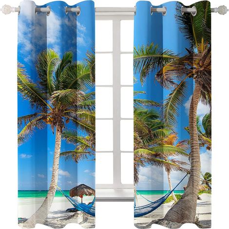 Rideaux à Oeillets pour Chambre d'enfants - Cocotiers Ciel Bleu Paysage de Mer 59X65 Pouces Rideaux 3D - Rideaux perforés Opaques d'intérieur - Isolation et réduction du Bruit - Applicable à la Chambr (1/5)