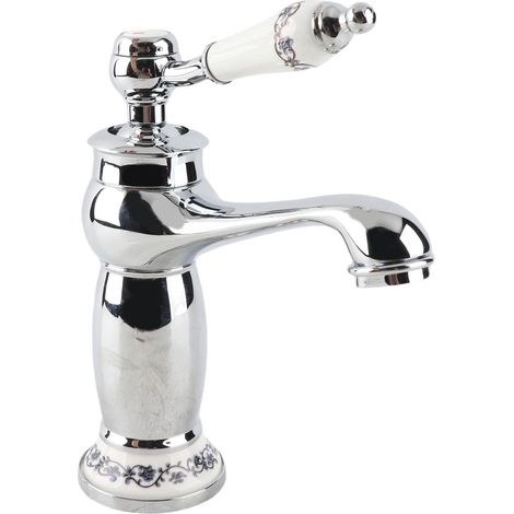 Rétro Mitigeur Robinet de Lavabo Laiton Céramique Évier Robinet Bleu Et Blanc en Porcelaine À Long Cou Vintage Floral avec l'entrée Robinet d'eau Froide/Chaude Cuisine Salle de Bain(chromé) (1/5)