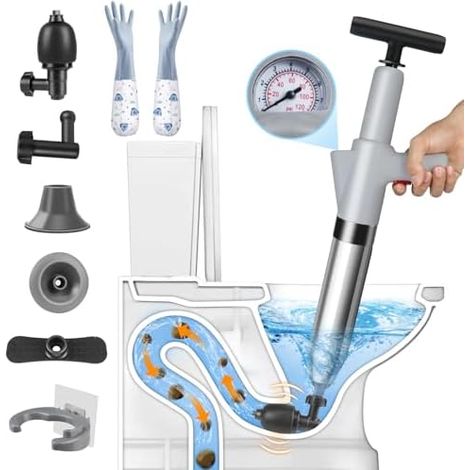 Deboucheur WC 5-en-1 à Haute Pression avec Baromètre – Déboucheur Canalisation 4 Ventouses, Gants et Crochet, pour Toilette, Lavabo, Baignoire, Sol Gris - (1/5)