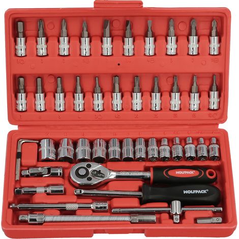 WOLFPACK LINEA PROFESSIONAL - Set di chiavi a bussola De 1/4" 46 pezzi. Con adattatore. Cromo vanadio, set di chiavi combinate, set di cricchetti, set di chiavi a bussola. (1/5)