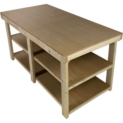 Workbench MDF top, large heavy-duty table (H-90cm, D-90cm, L-180cm) with double shelf