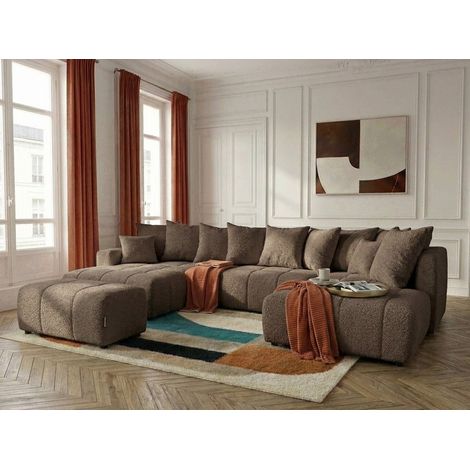 BOBOCHIC - Canapé panoramique convertible ROXELANE tissu bouclette avec pouf Angle gauche Marron (1/4)