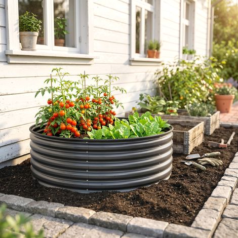 Jardinière surélevée galvanisée Irovami avec bordure de sécurité, jardinière d'extérieur surélevée avec gants, 120 x 120 x 43 cm, gris foncé (1/5)