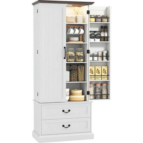 Buffet haut de cuisine blanc avec éclairage LED à capteur, 2 portes, tiroirs et étagères réglables, armoire de rangement 76 x 39,5 x 183 cm (1/5)