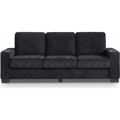 FurnitureR 3-Sitzer Sofa Schwarz aus Cord mit 2 Getränkehaltern, 206 cm breites Cordsofa mit zwei Getränkehaltern, Schaumstoffpolsterung und Federunterstützung für drei Personen. (1/5)