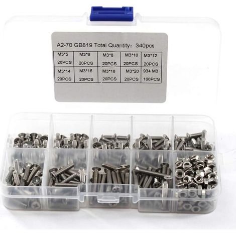 Screws and nuts for hexagonal sockets, stainless steel, flat cross head - 340-piece kit M3 304 (1/5)