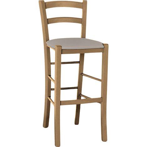 Taburete en madera de nogal claro h 67 asiento acolchado en piel sintética gris tórtola (1/5)