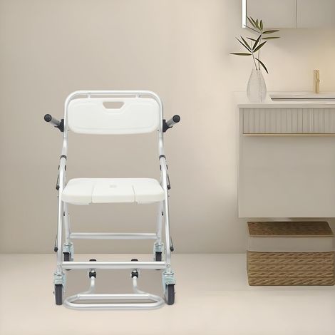 Chaise de douche pliable avec roulettes, tabouret de douche pour personnes âgées avec roulettes, imperméable et antidérapant, blanc, montage sans outil, capacité de charge 150 kg (1/5)