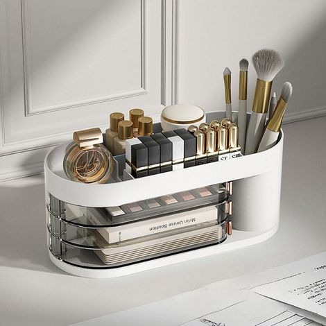 Organiseur de bureau avec 3 tiroirs, rangement de bureau multi-usage avec support de téléphone et séparateurs pour papeterie, cosmétiques, organisation de la maison et du bureau, blanc (1/5)