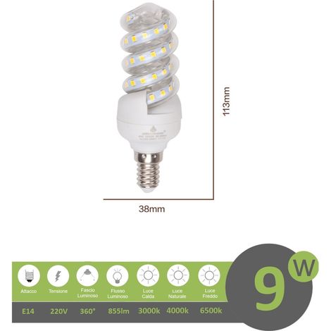 Lampadina led E14 9w tortiglione vortice luce spirale attacco piccolo bianca fredda naturale calda  calda 3000k (1/2)