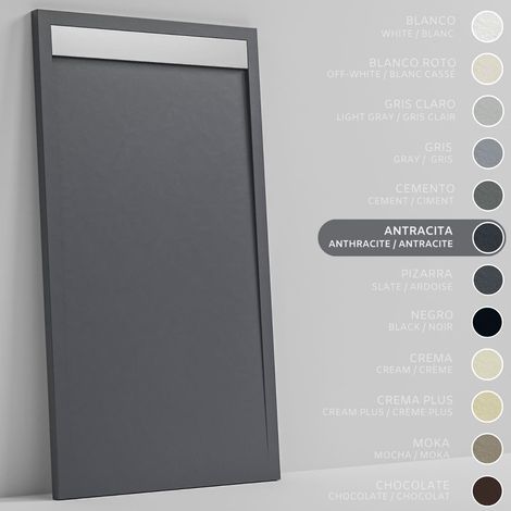 SOULBATH Receveur de Douche - Résine - Gel Coat - Texture Lisse/Pierre - Antidérapant - Couleur Anthracite 130x80 Extra plat 3Cm Grille Inox (1/5)