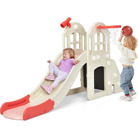 COSTWAY Scivolo per Bambini 6 in 1, Set da Gioco per Bambini con Canestro, Palla, Lancio dell'Anello e Cannocchiale, Ideale per Interni ed Esterni per Ragazzi e Ragazze, 189,5 x 83 x 98 cm (Rosa) (1/5)