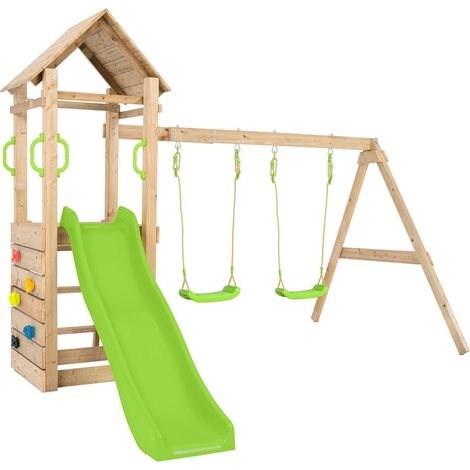 Tp Toys – Aire de jeux Gesette avec toit – plateforme 87 cm – mur d'escalade – 2 balançoires – toboggan 1,70 m – bois traité autoclave III