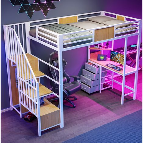 MODFU – Letto a soppalco 90x200 cm con scrivania integrata, armadio e vani contenitore, LED e presa, altezza sotto letto 144 cm, struttura in legno – Bianco (1/5)