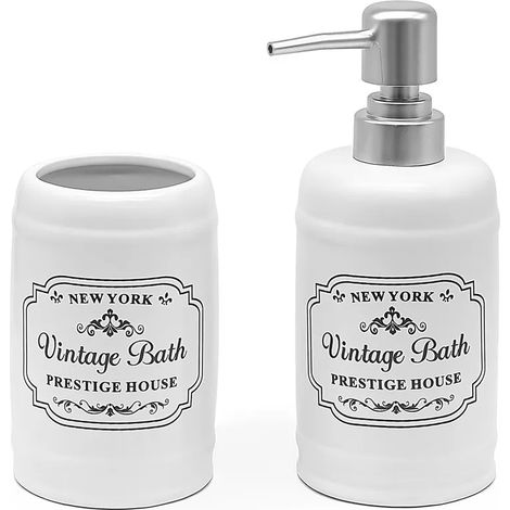 Set accessori bagno dispenser sapone e portaspazzolini in ceramica bianca vintage (1/5)