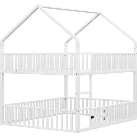 Letto a castello in metallo 140 x 200 bianco con scala, forma casa e porta apribile (1/5)
