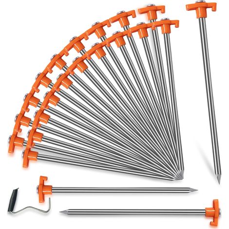 Lot de 20 piquets de tente galvanisés antirouille de 25 cm (10 pouces) pour le camping, le jardinage et la randonnée. Couleur orange. (1/5)