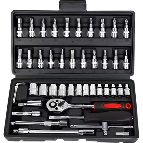 Coffret de clés à cliquet 46 pièces Petit : Cliquet à changement rapide à serrage rapide, clés à douille en acier Cr-V avec cliquet à changement rapide de 6,35 mm, jeu de douilles (1/5)