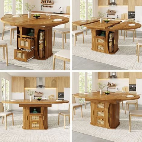 Table Extensible 158 cm rangement intégré tiroirs en rotin panneau MDF aspect bois finition noir naturel et marron (1/5)