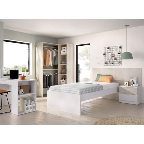 DEKIT GRUPO RIMOBEL LION PACK - CONJUNTO DE CABEZAL CON MESITA DE 2 CAJONES, ARO DE CAMA 90X190, MESA ESCRITORIO Y ARMARIO VESTIDOR - BLANCO / ALISTONADO (1/5)