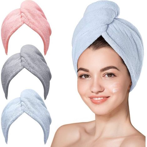 Serviette Cheveux, Lot de 3 Serviettes de séchage en Microfibre Super absorbantes avec Boutons pour Cheveux secs, Serviette de Bain Cheveux pour Femmes (1/4)