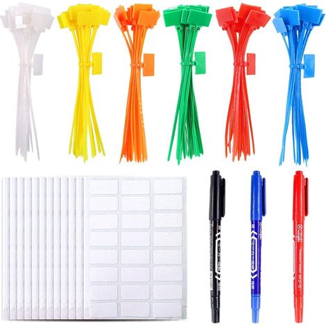Lot de 150 attaches de marqueur de câble en nylon 6 couleurs 15,2 cm avec étiquettes autocollantes pour écrire sur Ethernet avec 3 marqueurs et 288 étiquettes de câble blanches pour (1/5)