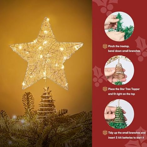 Étoile de Noël scintillante argentée avec lumières LED blanc chaud pour décorer votre sapin de Noël et votre intérieur pendant les fêtes. (1/4)