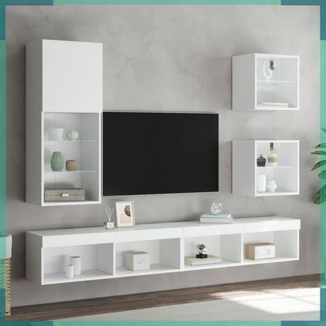 Meuble TV - 837057 - blanc - LEDs intégrées - 40,5 x 30 x 102 cm (1/5)