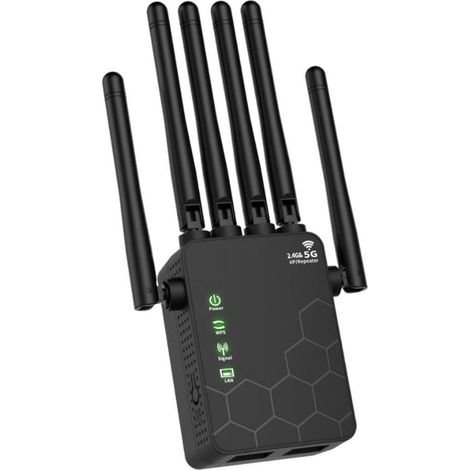 Amplificateur de signal Wi-Fi, répéteur de signal Internet, répéteur Wi-Fi longue portée, 6 antennes, couverture complète à 360°, noir