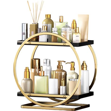 Organiseur de maquillage et soins de la peau, 2 niveaux, étagère de rangement en métal pour parfums, commode de coiffeuse rond (1/5)