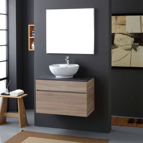 Mobile Bagno Sospeso Cm80 Con Top In Legno Antracite Per Lavabo Da Appoggio Sole