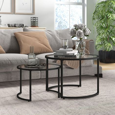 Lot de 2 tables basses gigognes rondes - Ø70x47,5 cm - Tables d'appoint emboîtables en verre trempé et acier pour salon - Noir (1/5)