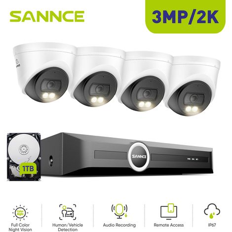 SANNCE Système de caméras de vidéosurveillance 3MP PoE 8 canaux avec vision nocturne couleur, enregistrement audio, IP67 (1/5)