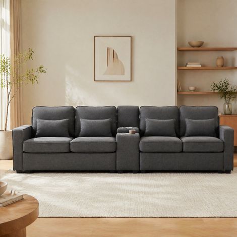 Divano 4 posti con console, 2 portabicchieri, 2 USB, tessuto effetto lino grigio scuro DESVIAE (1/5)
