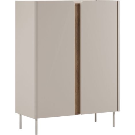 Meuble d'appoint 2 portes en mélaminé beige et imitation bois avec découpe graphique bandeau - LIWENN (1/5)