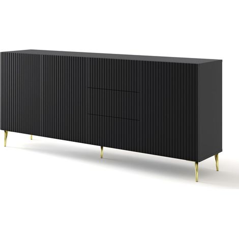 Commode de rangement Meuble universel Noir Mat 200x42x87 RAVI B FILET 2D3S Pied or
