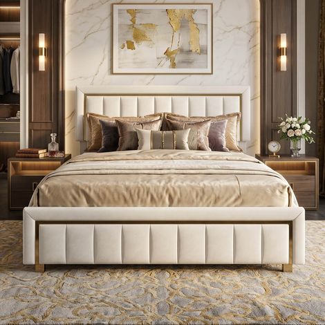 Creahappy Lit Coffre Double 140x190 cm - Gain de Place avec Rangement Hydraulique - Velours Blanc Crème Bordure Dorée - Sommier Inclus (1/5)