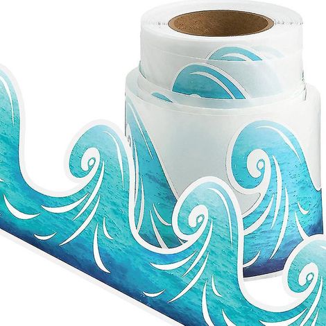 Selbstklebender Bordürenrand mit türkisfarbenem Ozeanwellenmotiv, wasserfestes Dekorpapier für Schulanfang, Strand- und Meeresthemen. (1/5)