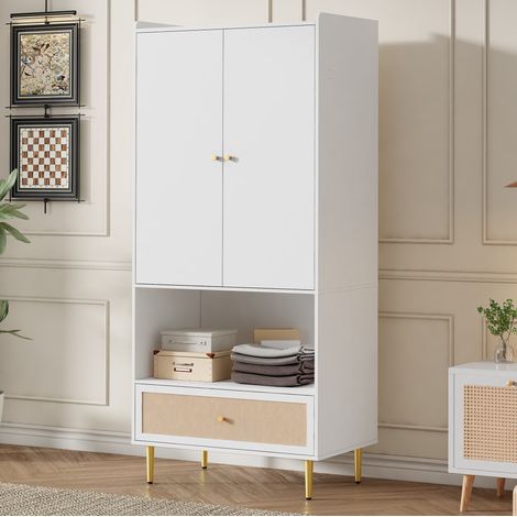 Armoire 2 portes blanche 80x48x175 cm avec tiroir et penderie (1/5)