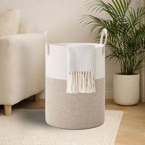 Panier À Linge-Rond-Tressé-Avec Anse En Coton-Pour Chambre D'Enfant,Salon Et Buanderie-53 L-Gris Clair Et Blanc[CA276] (1/5)