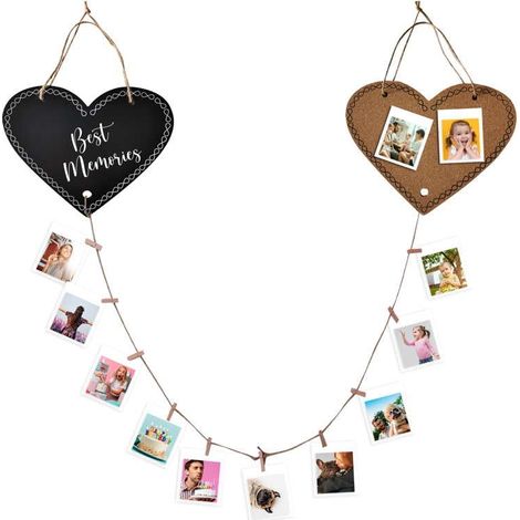 Cadre Photo Mural Multiple, Tableau Décoratif en Bois et Liège en Forme de Coeur, Cadre photo avec ficelle, punaises et pinces (1/5)