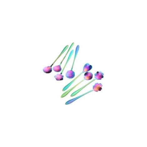 Lot de 8 cuillères à café en acier inoxydable, motif fleur, finition multicolore, style japonais (1/4)