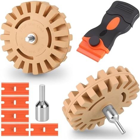 Kit de retrait d'autocollants auto 4 pouces, roue Toffee pour perceuse, 2 pièces décolleuses avec raclette plastique et adaptateurs, roue caramel efficace pour enlever vinyle, colle, autocollant, adhé