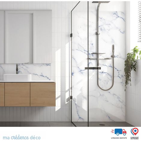 Panneau de douche : Marbre blanc 3 - Couleur Bleu signal - Alu composite - 90 - 245 (1/3)