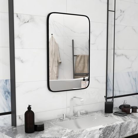 Goplus – Miroir de maquillage rectangulaire arrondi 70x50cm – Verre trempé incassable – Cadre en aluminium noir – Montage horizontal ou vertical (1/4)